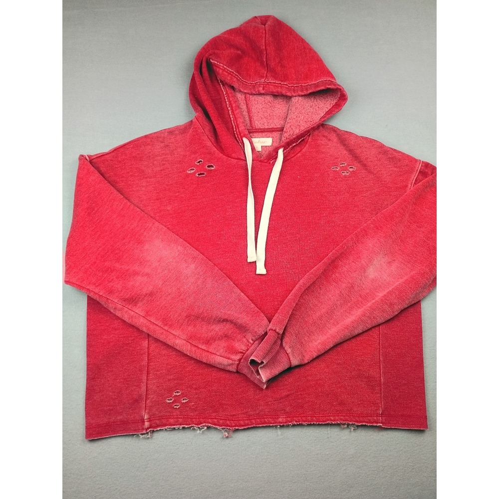 Colsie Red Distressed Cropped Hoodie Sweatshirt Womens Small Raw Hem Wash